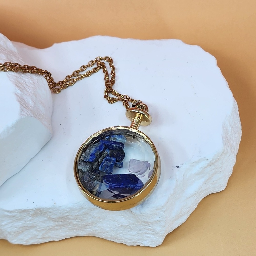 Gold Tone Pocket Watch Style Pendant Necklace Blue Stone Chips Boho Vintage Gift